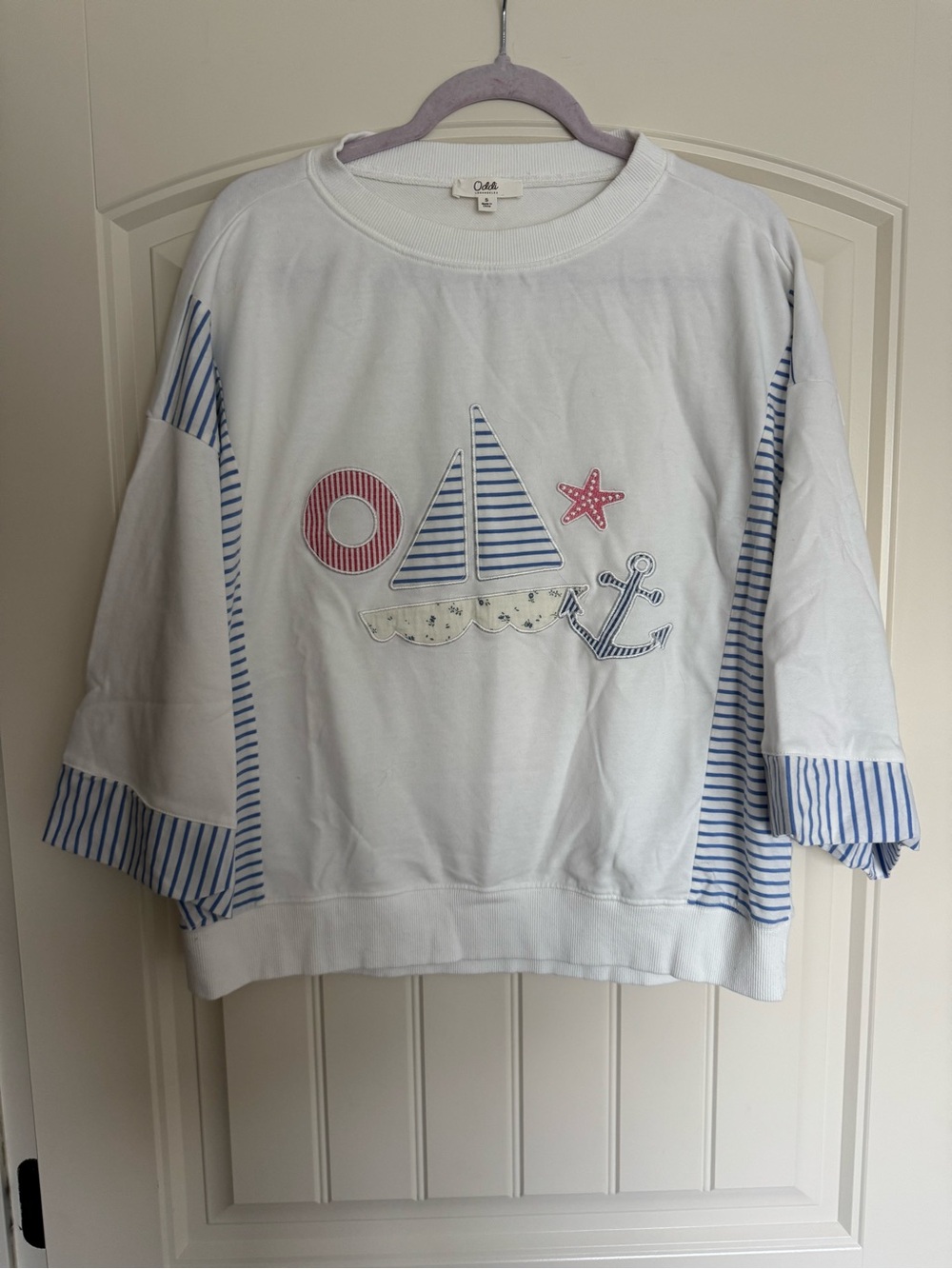 Woman’s White Nautical Sweatshirt Top with Blue Stripes